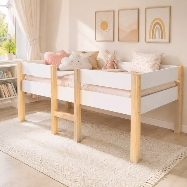 Cama infantil extensible Mivray de media altura en madera de pino blanca con somier incluido An/P/Al: 90 x 190 cm