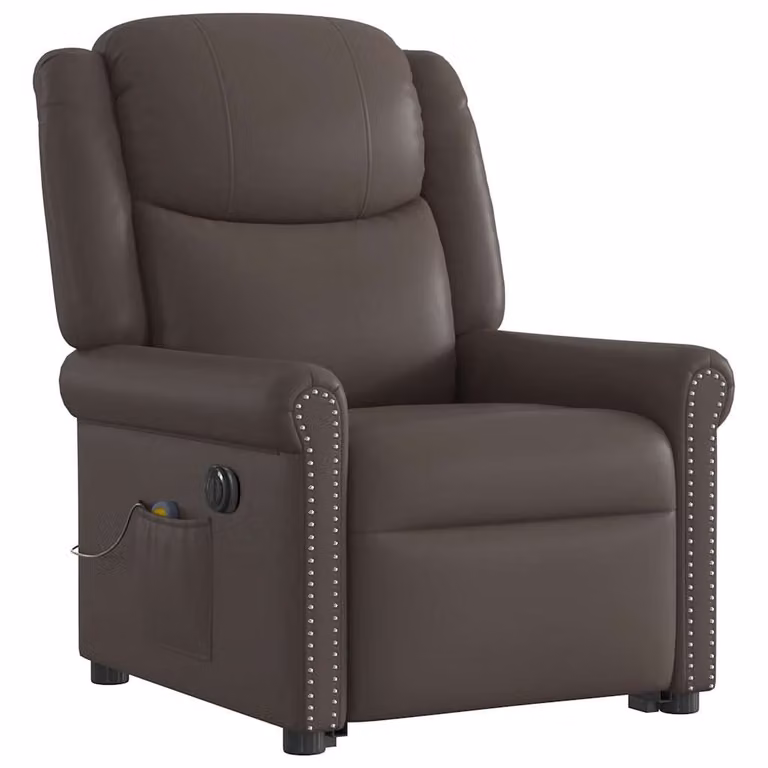 Sillón de masaje eléctrico elevable vidaXL en color marrón con acabado de piel sintética y estructura moderna para salón
