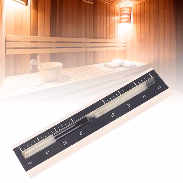 Reloj de arena para sauna Infinite de 15 minutos fabricado en madera de haya con soporte de pared para spa, color negro y transparente, An/P/Al: 30 x 7 x 3 cm