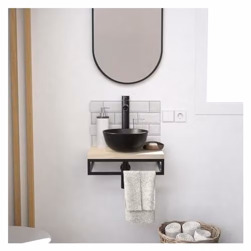 Conjunto de baño Soho Mob-In con lavabo, grifo, espejo y toallero de pie plano fino en color beige y negro con acabado mate