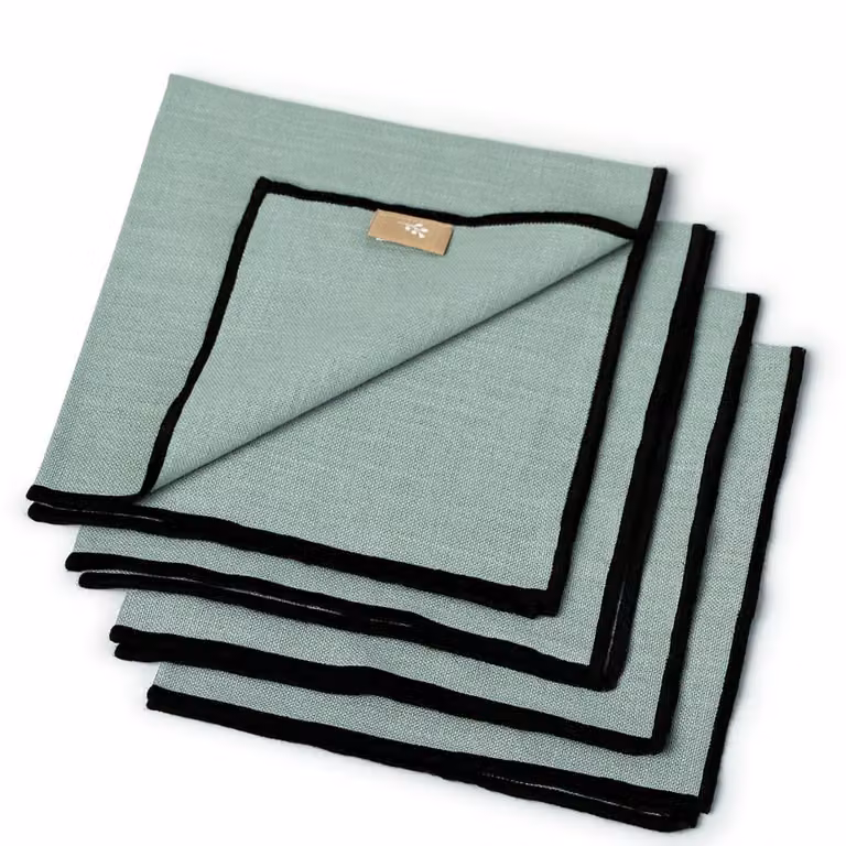Set de 4 servilletas de algodón Febronie en color verde celadón y negro, An/An: 45 x 45 cm