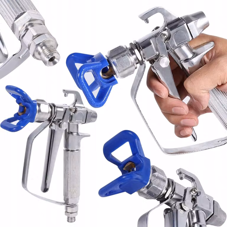 Pistola de pintura ROSFIX Nexus en acero inoxidable, color azul y plata con filtro integrado para alta precisión y durabilidad
