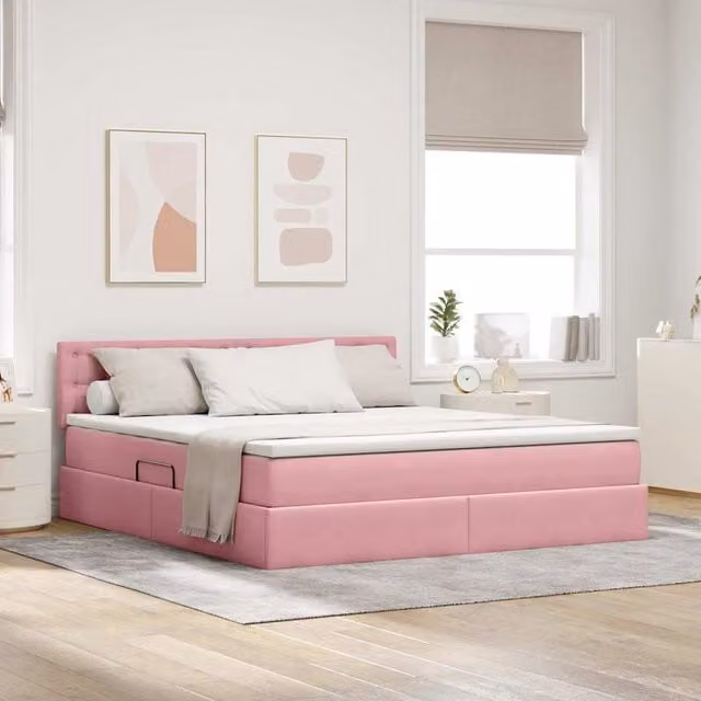 Cama con almacenamiento Maison Exclusive en terciopelo rosa y blanco, An/P/Al: 180 x 200 x 204 cm