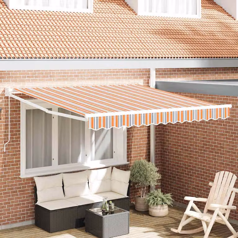 Toldo retráctil Prolenta con brazos plegables en color naranja, fabricado en aluminio y poliéster, An/P: 350 x 250 cm