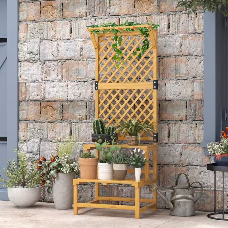 Estante para plantas REDOM de madera de abeto con panel trasero amarillo, An/P/Al: 60 x 50 x 166 cm