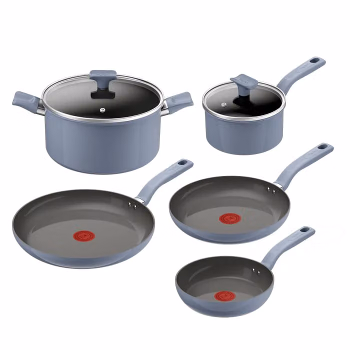 Set de cocina Tefal Cera Color de 7 piezas con revestimiento cerámico antiadherente en azul, incluye sartenes de 20, 24 y 28 cm, cazo de 16 cm, olla de 24 cm y 2 tapas