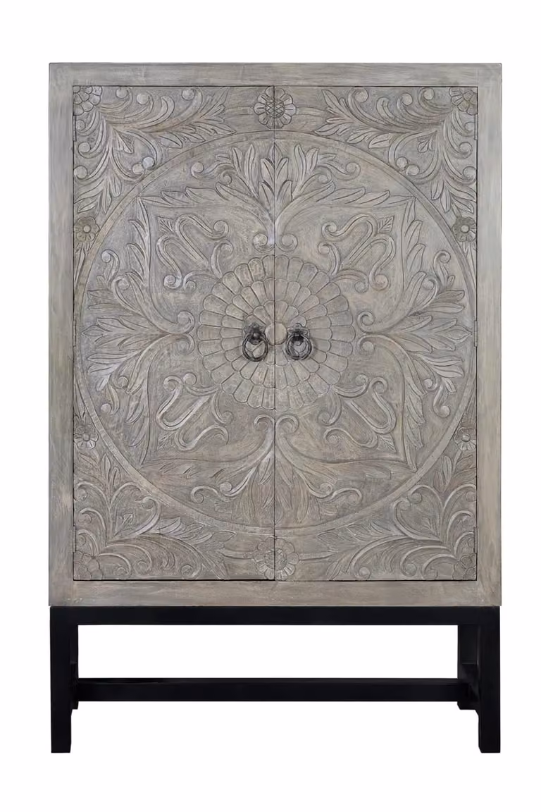 Armario de madera de mango estilo colonial rústico Giner y Colomer, color gris envejecido, An/P/Al: 116 x 42 x 180 cm