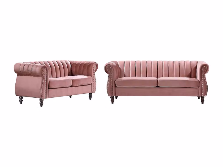 Sofás Chesterfield de 2 y 3 plazas de terciopelo rosa VENTE-UNIQUE con estructura de madera sólida