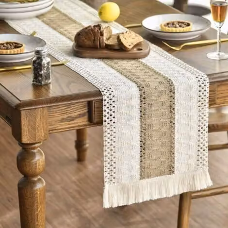 Camino de mesa ULISEM de estilo bohemio en lino y algodón, color beige multicolor, An/P/Al: 180 x 30 cm