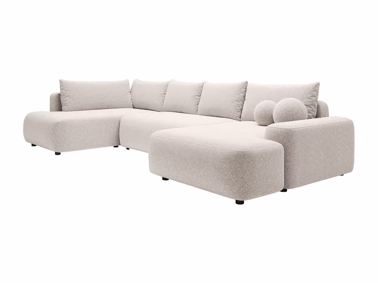 Sofá cama rinconera derecha Panorámico de Daviso en tela beige con estructura de madera sólida y cojines decorativos