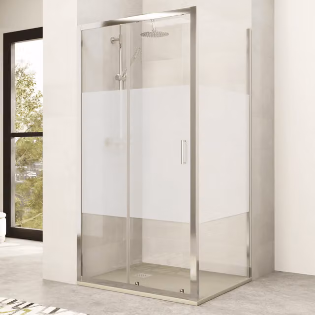 Mampara de ducha rectangular BAÑO TOTAL con puerta corredera y dos paneles fijos, vidrio de 5 mm antical, color transparente y perfilería en cromo, An/P/Al: 160 x 80 x 190 cm