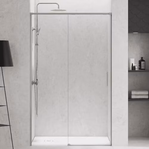 Mampara de ducha frontal B BAÑO TOTAL con puerta corredera y panel fijo, vidrio templado de 6 mm con tratamiento easy clean, transparente y perfil de acero cepillado, An/P/Al: 150 x 195 cm