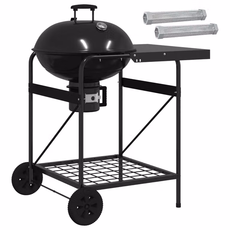 Parrilla de carbón con tubos ahumadores vidaXL en acero negro con termómetro y ruedas, An/P/Al: 91 x 71 x 107 cm