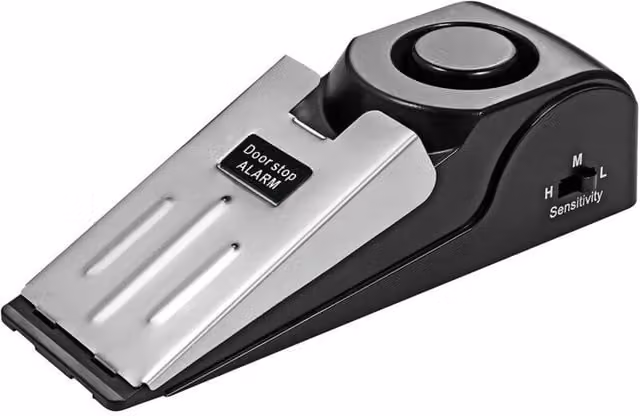 Alarma de tope de puerta ODIPIE en forma de cuña de goma antideslizante con sensibilidad ajustable de 125 dB en color negro
