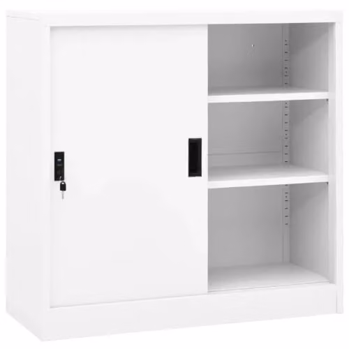 Armario de oficina Helloshop26 con puertas correderas y cerradura en acero blanco mate, An: 90 cm, P: 40 cm, Al: 90 cm