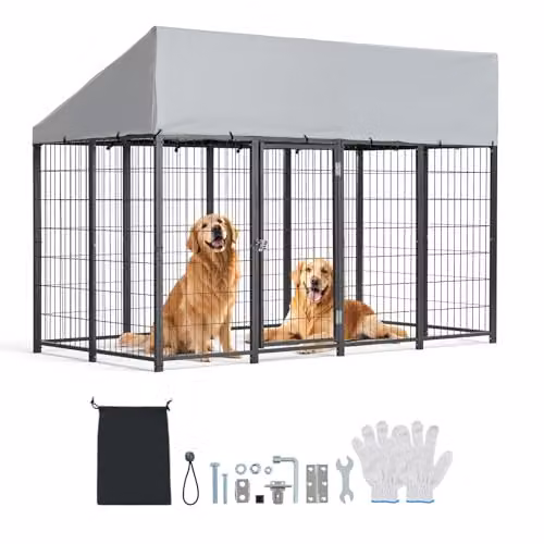 Perrera de exterior VEVOR para perros grandes con toldo impermeable y estructura de metal, An/P/Al: 240 x 120 x 165 cm, color negro y plata