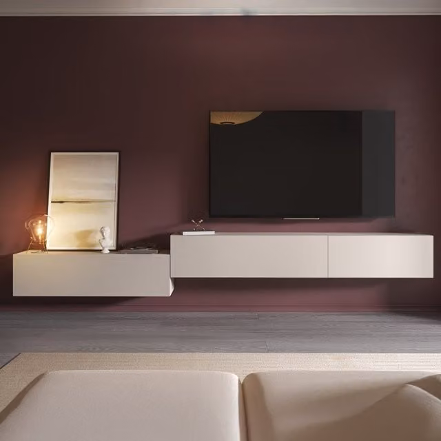 Mueble de salón modular DMORA con estantes abiertos y puertas abatibles, color beige mate, An/P/Al: 150 x 40 x 35 cm