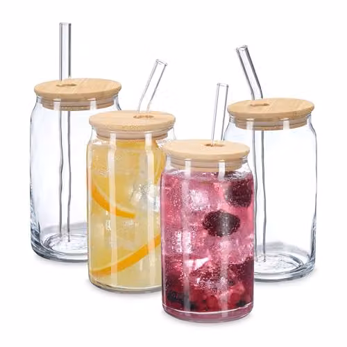 Set de 4 vasos de cristal Relaxdays con tapa de bambú y pajitas, 450 ml, color transparente/natural