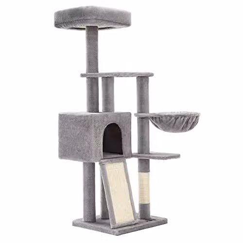 Árbol para gatos Feandrea con cueva, hamaca y rascador de sisal en color gris, Altura: 134 cm