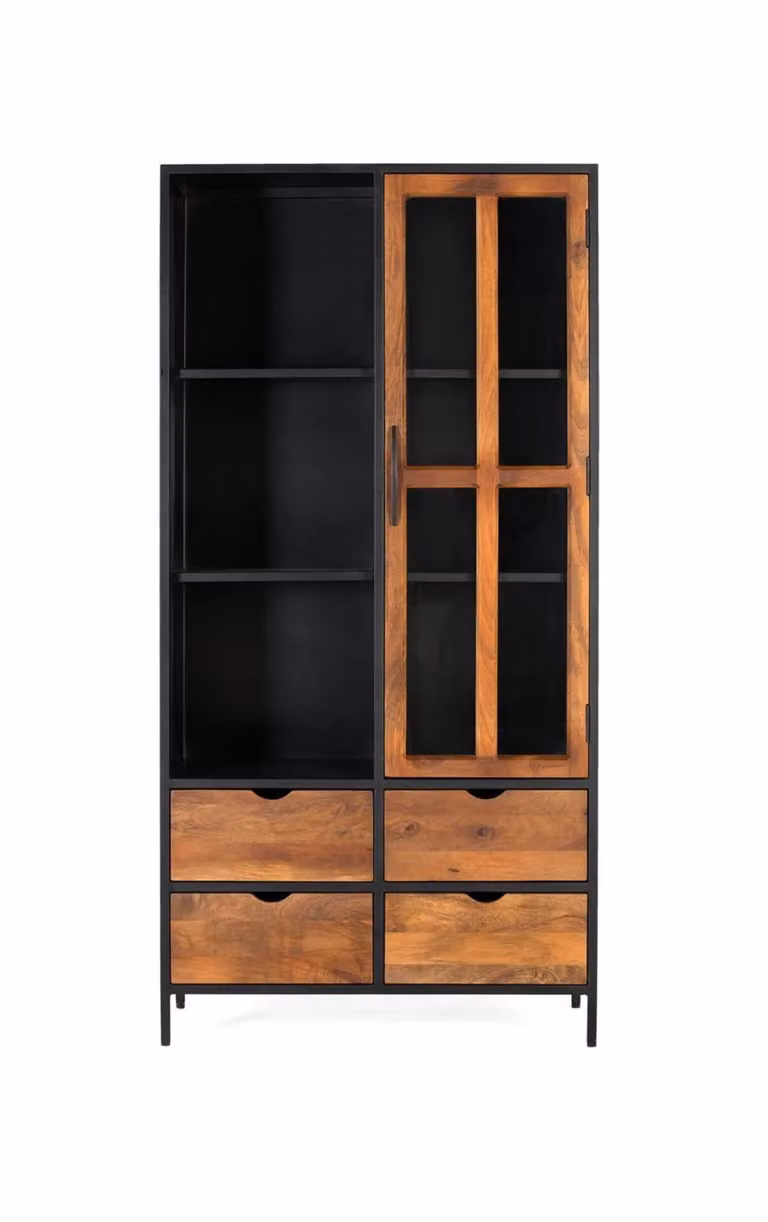 Vitrina de madera de mango estilo industrial con puertas de cristal y cajones Giner y Colomer Al x An x P: 180 x 90 x 40 cm