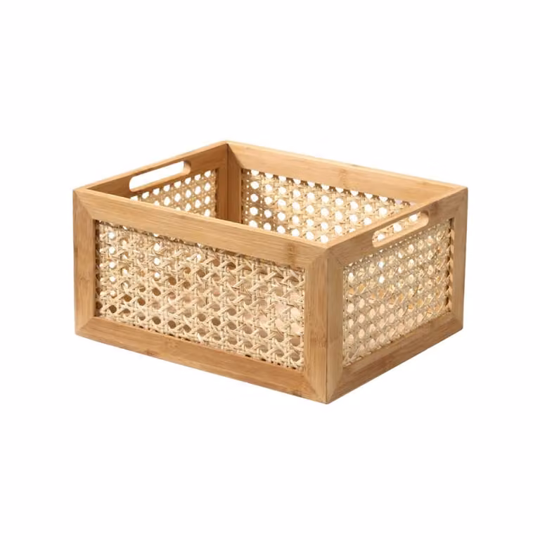 Caja mediana de bambú y ratán Calicosy en color marrón y beige con asas, An/P/Al: 30 x 25 x 15 cm