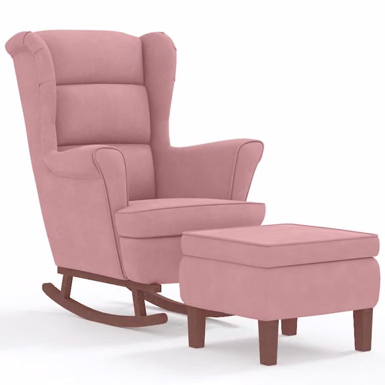 Mecedora wingback con respaldo alto de terciopelo rosa y estructura de madera maciza de vidaXL con otomana incluida