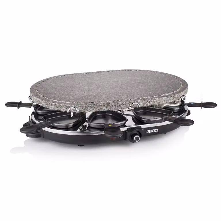 Set de raclette Princess 162720 con piedra natural ovalada para 8 personas, color negro, 1200 W con termostato ajustable y revestimiento antiadherente