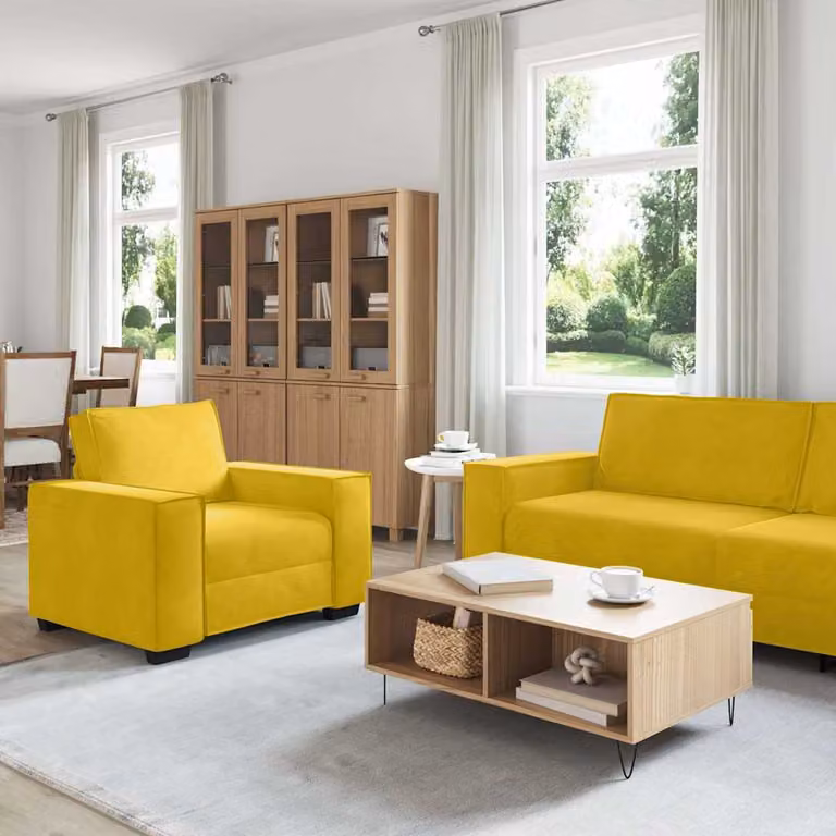 Juego de sofás de 3 piezas vidaXL tapizados en terciopelo amarillo con cojines y estructura mixta de madera y metal para salón o despacho
