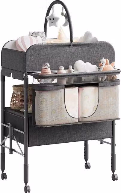 Cambiador de bebés plegable ACEKOOL con 2 cajones, 4 niveles de altura, ruedas con bloqueo, cinturón de seguridad, medidor de altura y almohadilla impermeable en color gris oscuro