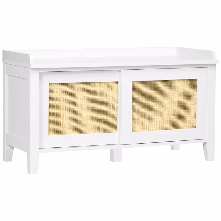 Banco zapatero Homcom de estilo boho en madera MDF y ratán, color blanco y beige, An/P/Al: 80 x 35 x 45 cm