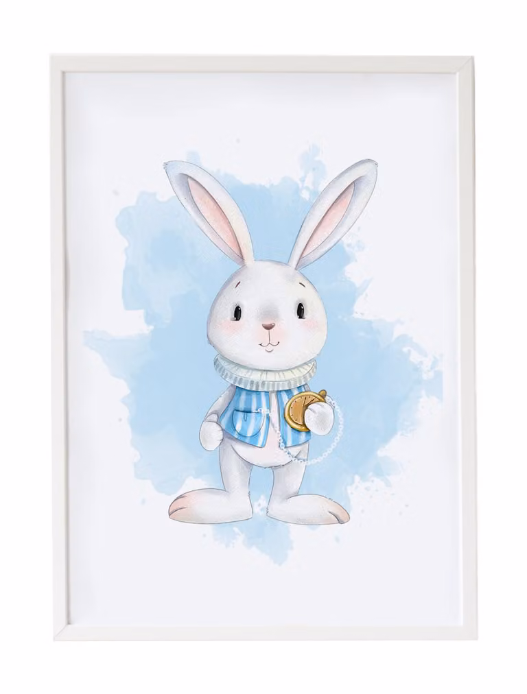 Lámina de pared Crochetts con ilustración de conejo y reloj, diseño escandinavo para niños, marco de madera blanca, An: 43 cm, Al: 33 cm