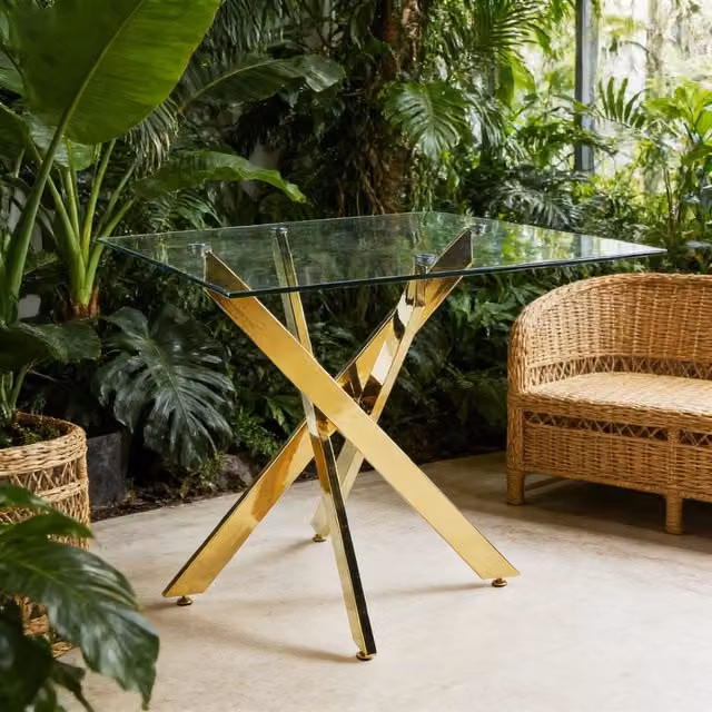 Mesa de comedor cuadrada MODFU con tablero de cristal transparente y patas de metal en color dorado, estilo moderno, An/P/Al: 80 x 80 x 75 cm