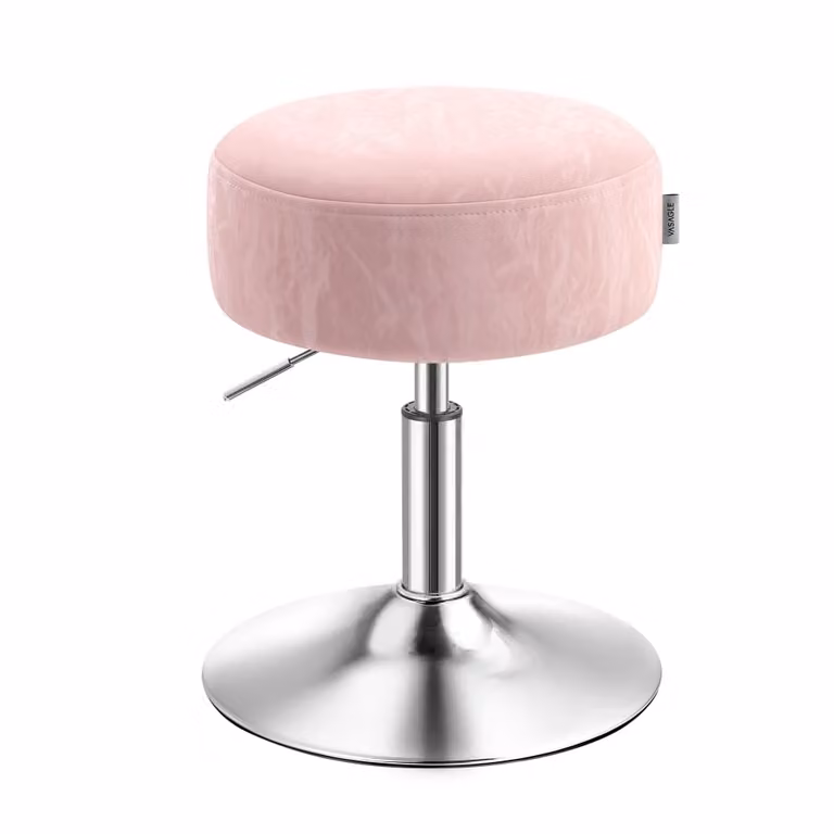 Taburete de maquillaje redondo VASAGLE en color rosa y blanco con asiento de cuero PU ajustable