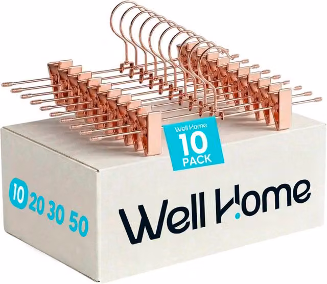 Set de 10 perchas de acero WELLHOME con pinzas antideslizantes y gancho giratorio en color rosa y dorado