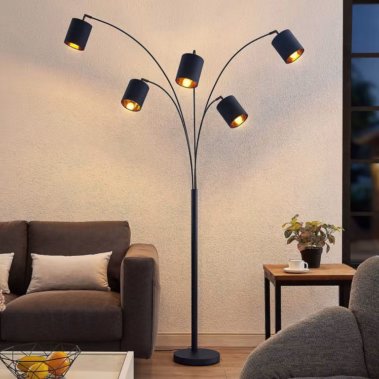Lámpara de pie moderna Abiram de Lindby en negro y dorado con pantalla textil de 70 cm de altura