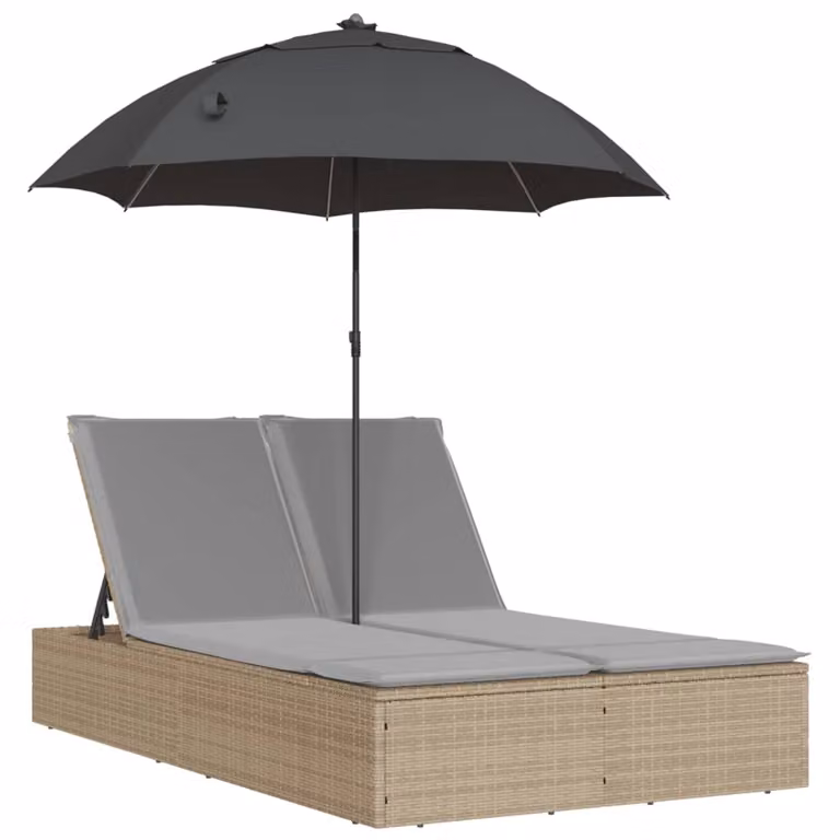 Tumbona doble Syfax de ratán sintético con sombrilla y cojines en color beige y gris con reposacabezas ajustable para jardín o terraza