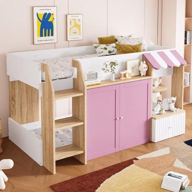 Cama alta infantil tipo casita MODENVIE con estructura de madera y MDF, escalera, compartimentos laterales y estantes, rosa y blanco, An/P/Al: 90 x 200 x 178 cm