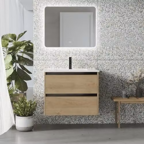 Mueble de baño suspendido B BAÑO TOTAL de roble con acabado brillante y cajones con cierre suave, An/P/Al: 80 x 40 x 55 cm
