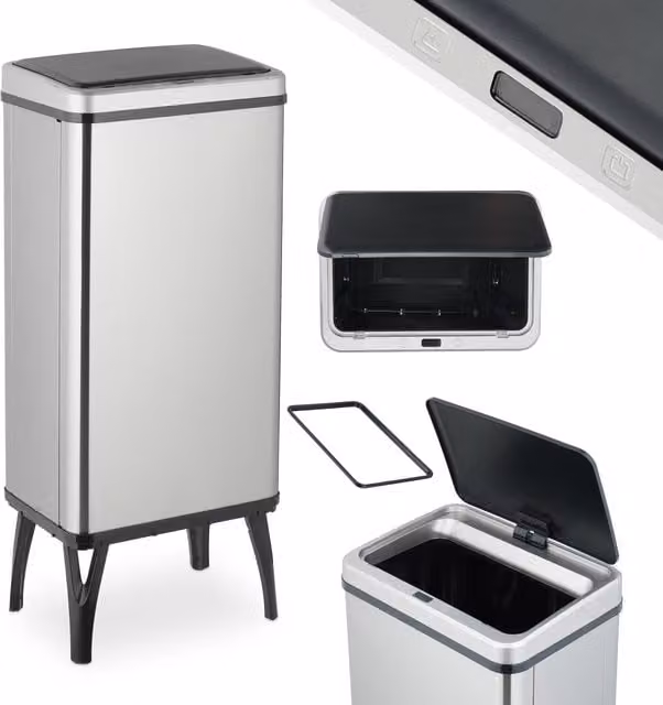 Cubo de basura de cocina con sensor Relaxdays de 50 l en acero inoxidable plateado con tapa eléctrica automática y soporte para bolsas
