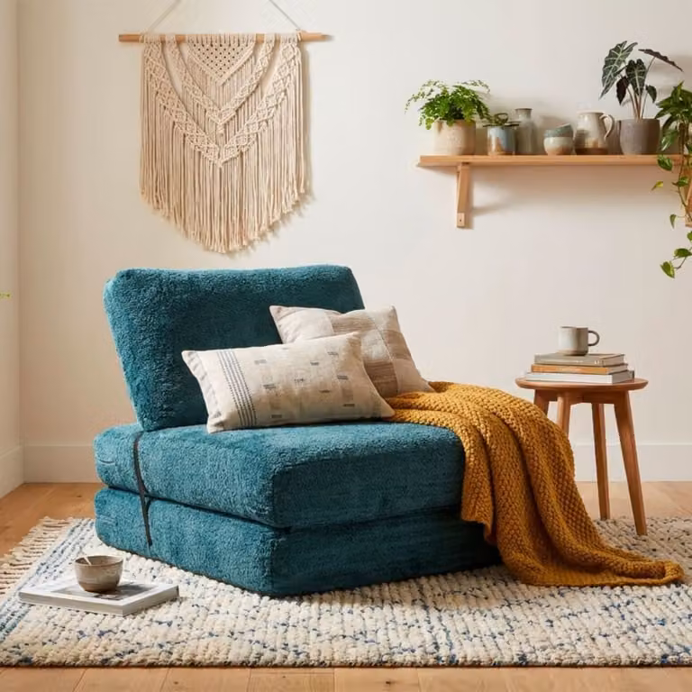 Sillón cama individual de tejido bouclé Faster en color azul petróleo de BRICOSHOP24, An/P/Al: 80 x 100 x 80 cm