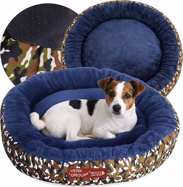 Cama para perros Verk Group de diseño abstracto multicolor y azul con borde elevado y base antideslizante de poliéster