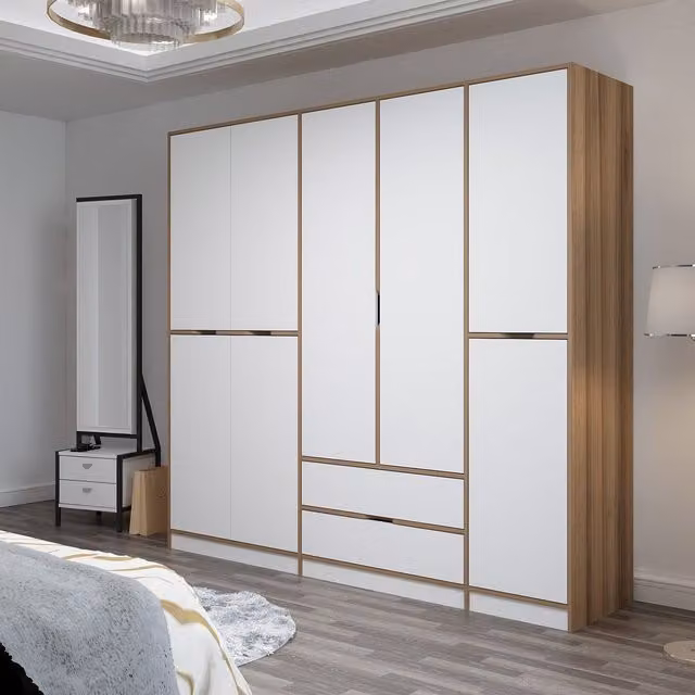 Armario de dormitorio DMORA Sarcedo con puertas correderas, 2 cajones, 8 estantes y perchero, An/P/Al: 232 x 5 x 208 cm, color blanco y marrón