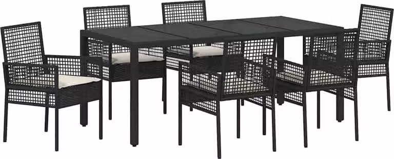 Conjunto de comedor de jardín Syfax de 7 piezas en ratán sintético negro con mesa de cristal