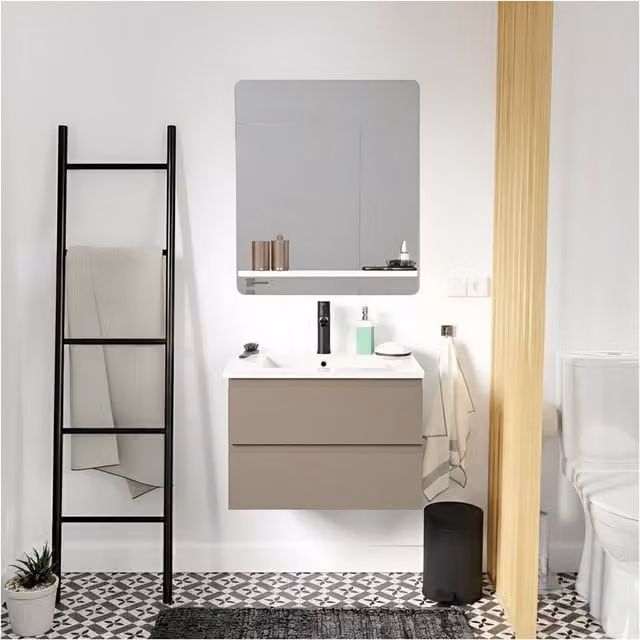 Mueble de baño individual Sorrento con lavabo, espejo y grifo en acabado roble mate, An/P/Al: 59.5 x 43.5 x 43.5 cm