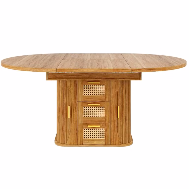 Mesa de comedor extensible OKWISH en MDF efecto roble marrón con almacenamiento y bordes redondeados An/P/Al: 118 x 75 x 77,1 cm