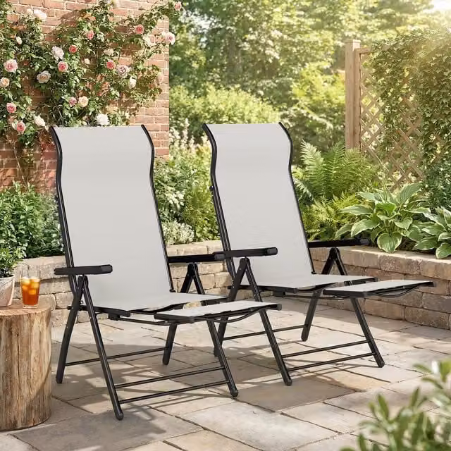 Pack de 2 sillas plegables reclinables Outsunny de metal y textilene gris para jardín o terraza, con reposapiés retráctil y respaldo ajustable, An/P/Al: 120 x 63,5 x 124 cm
