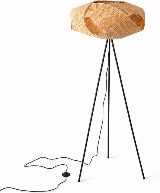 Lámpara de pie trípode ALPINALUZ de metal negro con pantalla de mimbre natural beige, Altura: 145 cm, Diámetro: 60 cm, casquillo E27