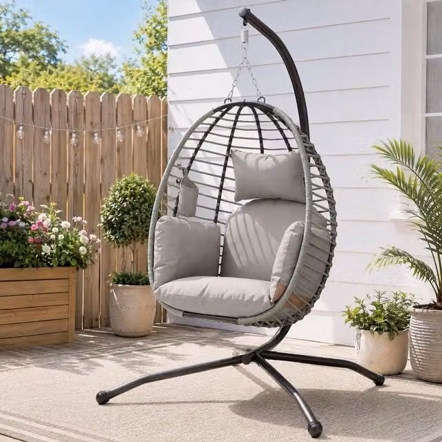 Silla colgante huevo Outsunny en gris y negro con estructura de acero y cojines incluidos, An/P/Al: 110 x 100 x 188 cm