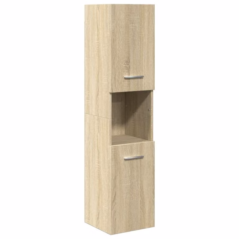 Armario de baño Syfax de madera de roble Sonoma con puertas batientes, acabado mate, color beige y plata, An/P/Al: 30 x 30 x 130 cm