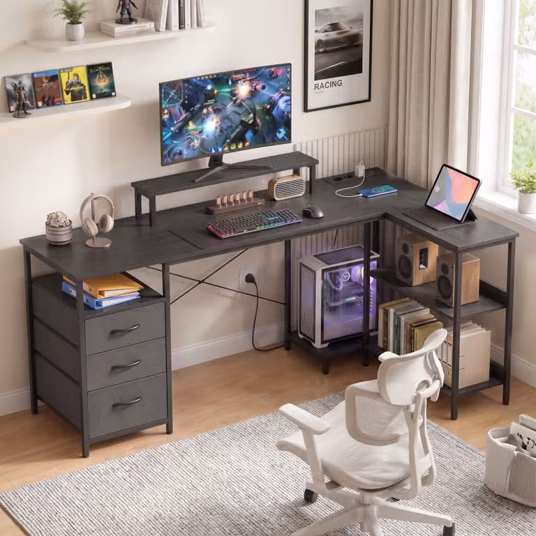 Escritorio en L reversible HOMCOM con cajones y estantes en color negro para tu oficina en casa